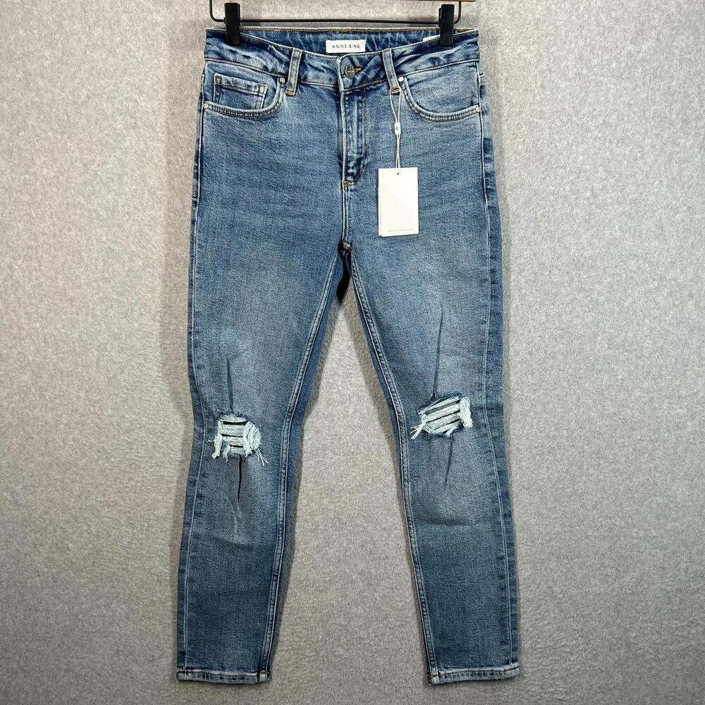 Anine Bing Gabe Mid Rise Ankle Skinny Jeans Distressed Denim Light Indigo Sz 27